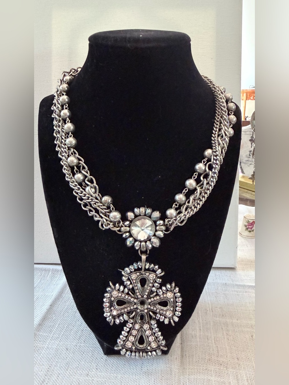 Crux Y2K Chunky Silver Multi-Chain Cross Pendant Necklace & Earring Set